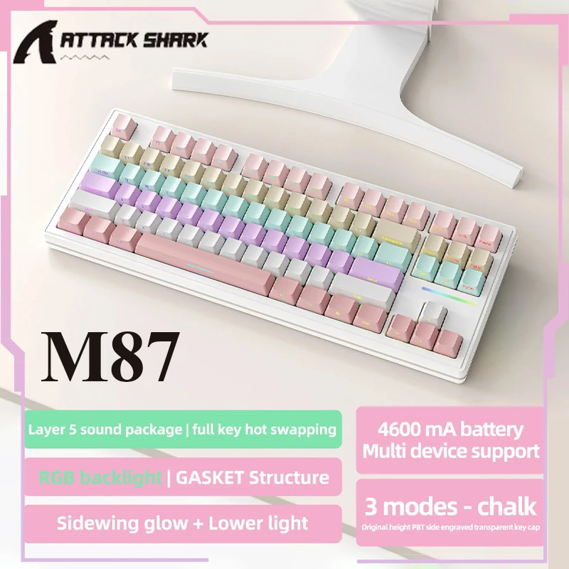 

Attack Shark M87 Mechanical Keyboard Three Mode 2.4g Wireless Bluetooth Gasket Structure Rgb Backlit Hot Swap Gaming Keyboard