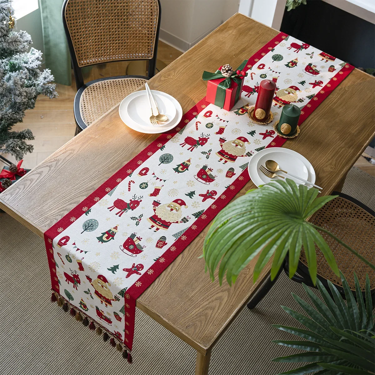 

Christmas Jacquard Table Runner with Tassel Santa Claus Table Cover For Home Festival Party Table Decoration TV Cabinet Cover