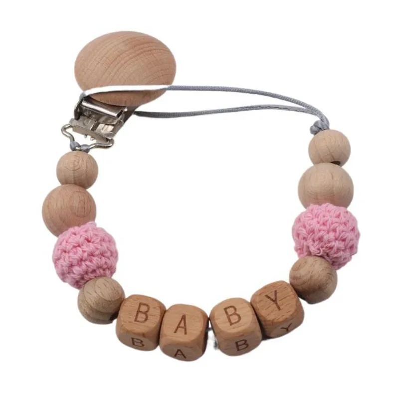 Handmade Personalized Name Wood Baby Pacifier Clip Crochet Beads Chain Holder