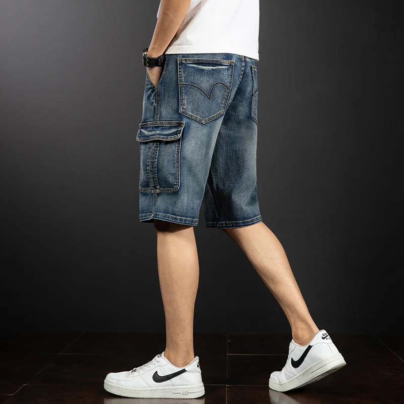 Embroidery tooling denim shorts men's large size loose multi-pocket American street trend retro summer pirate shorts