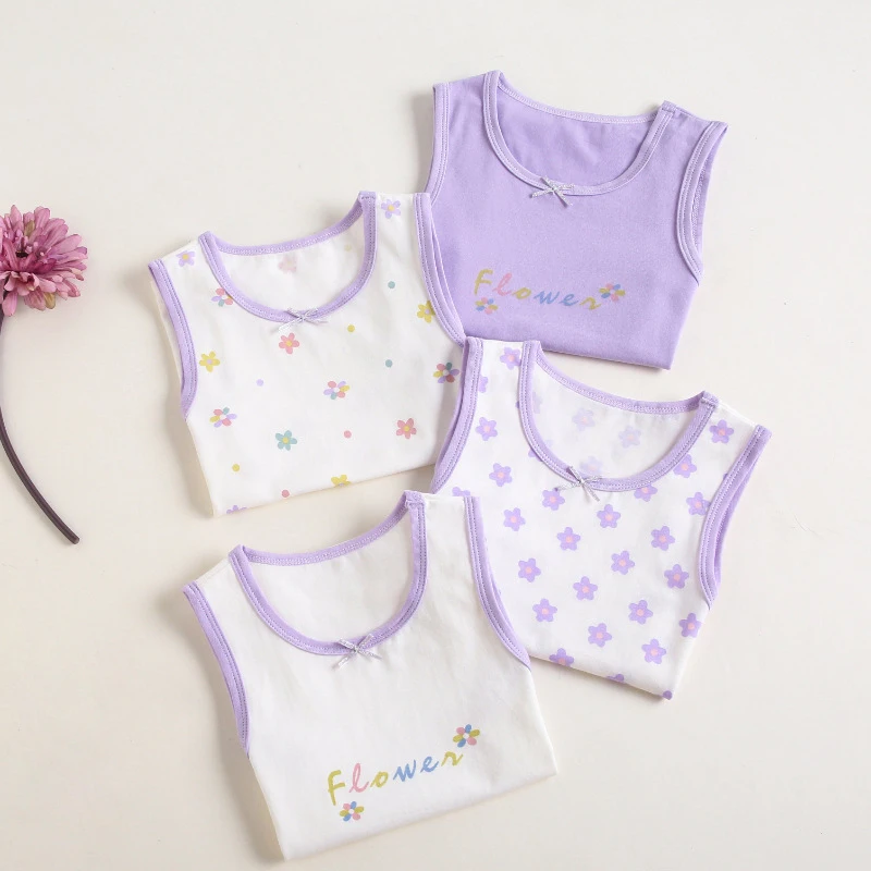 Summer New Children's Vest Girls' Tank Top Floral Prints Strap Breathable Pure Cotton Round Neck Sleeveless Children's Clothing