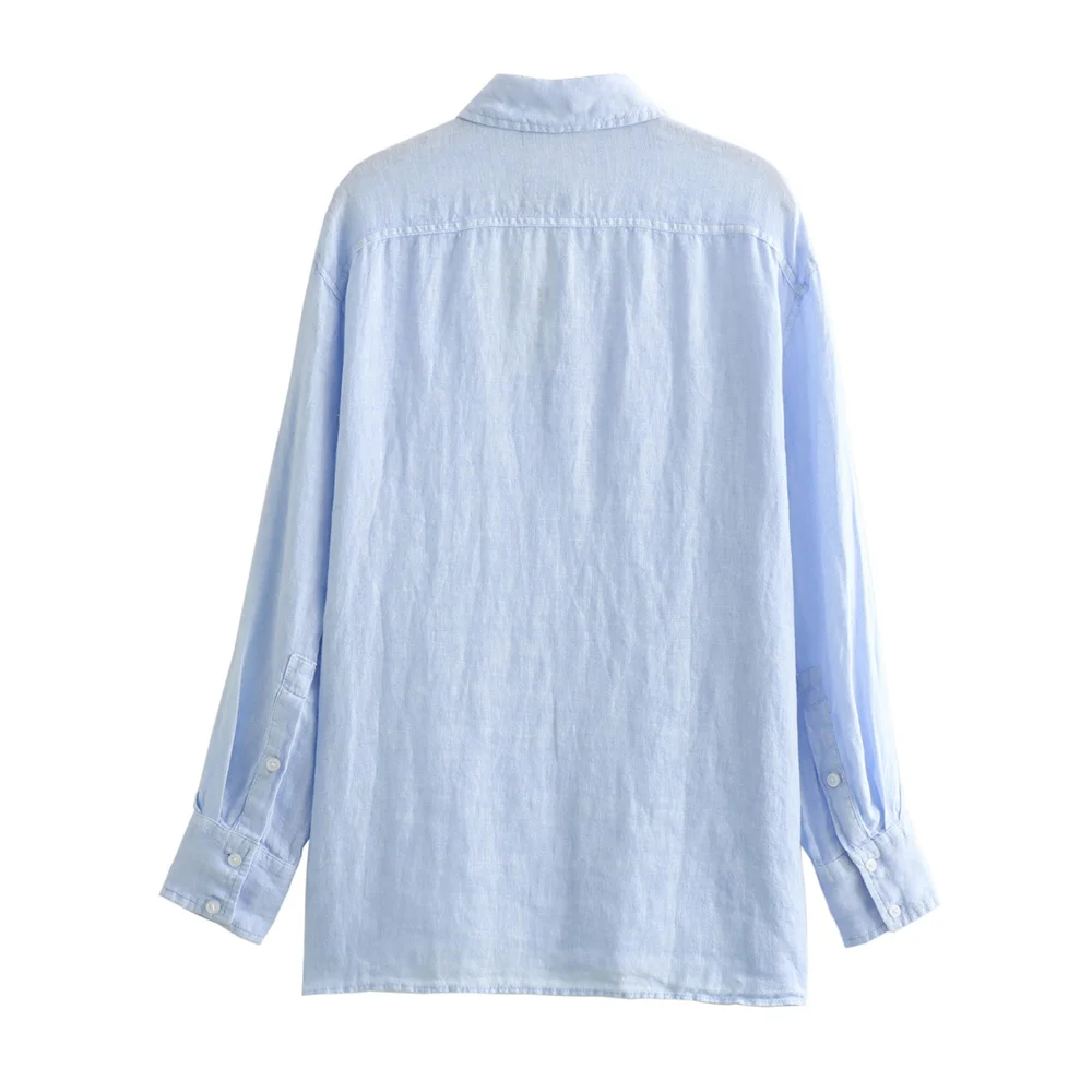 PB&ZA 2024 Spring New Women's Fashion Style Casual Loose Versatile Linen Fabric Long sleeved Shirt