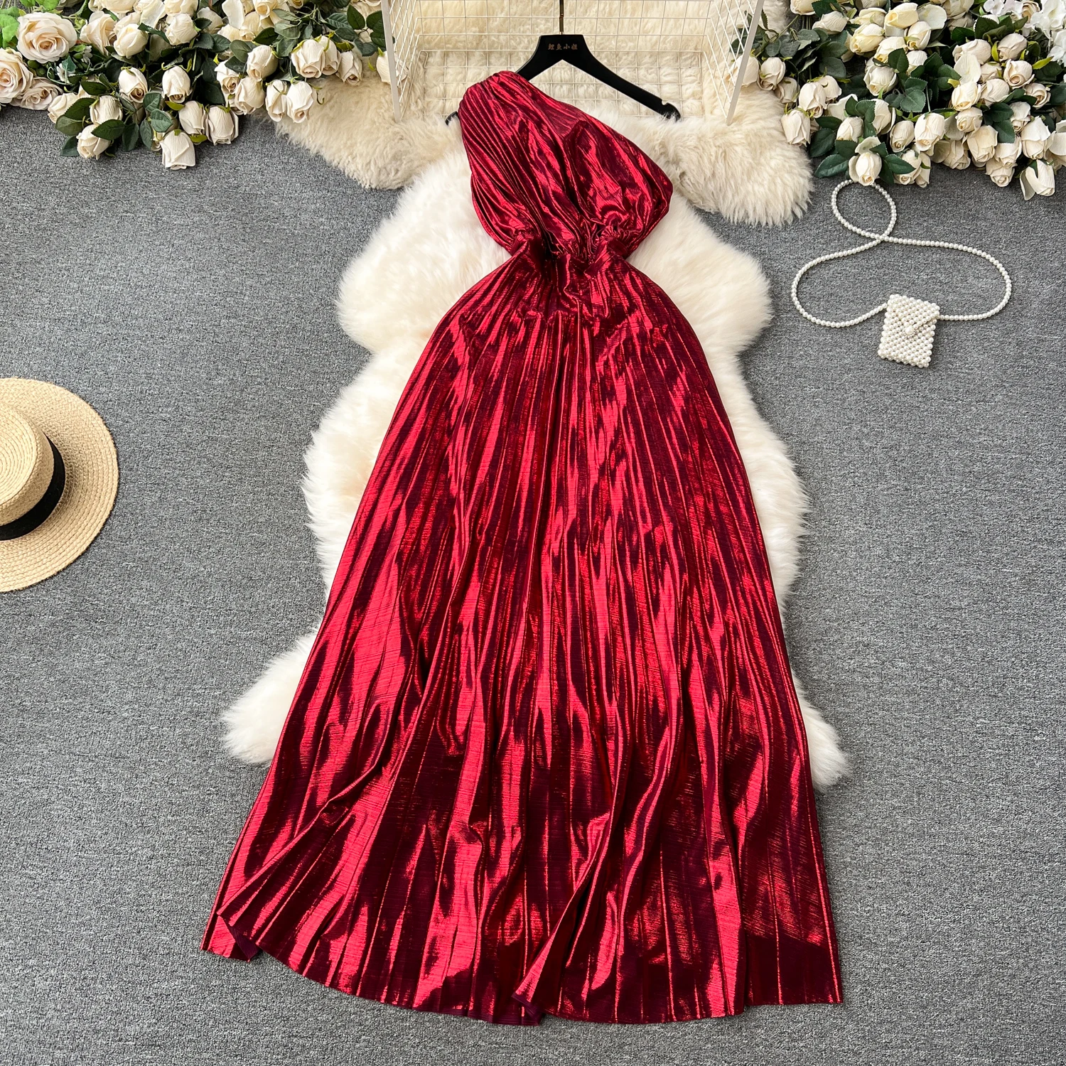 

Spring Elegant Metal Party Dress for Women One Shoulder Pleated Big Swing Female Evening Vestidos High Waist Formal Traf New In