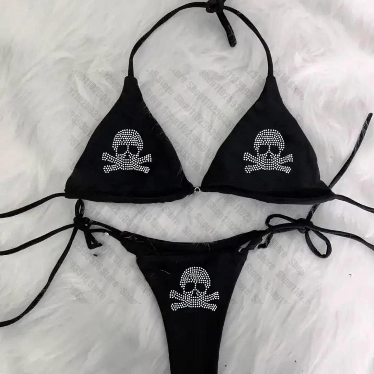 Y2K Bikini set  Rhinestones skull emo Swimsuit Women Sexyprint Padded Bra Thong Two Pieces Swimwear Beachwear Bathing Suit Femme