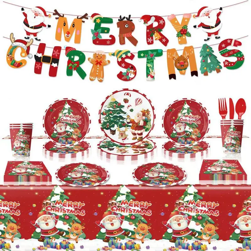 

Christmas Themed Birthday Party Disposable Paper Tray, Paper Cup, Paper Towel, Flag Pulling Tableware Decoration Set Supplies