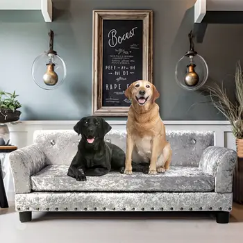 Luxury Velvet Tufted Dog Sofa Bed Large Elevated Pet Bed Upholstered Cushion Wooden Frame Sofa Couch 2