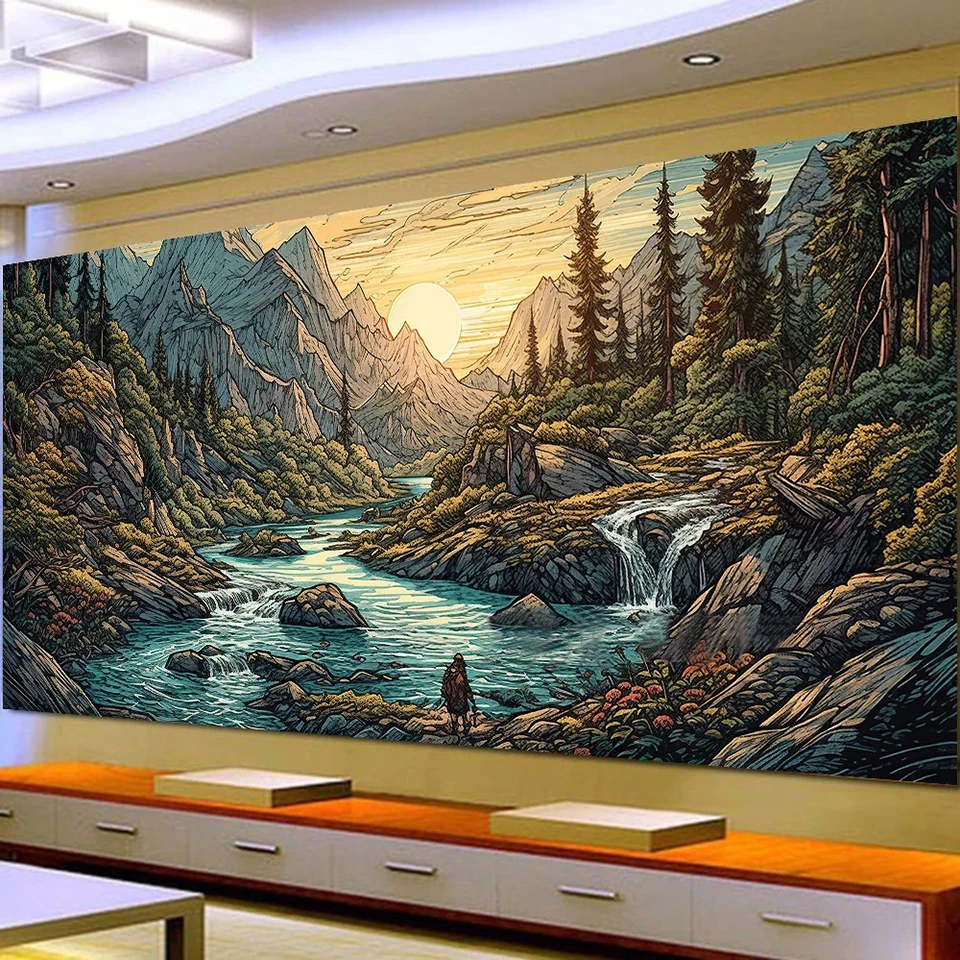 

5D DIY Large Diamond Painting Crossl Landscape River Mountain Wall Art, Full Round Drill, Embroidery Home Decor WE2216