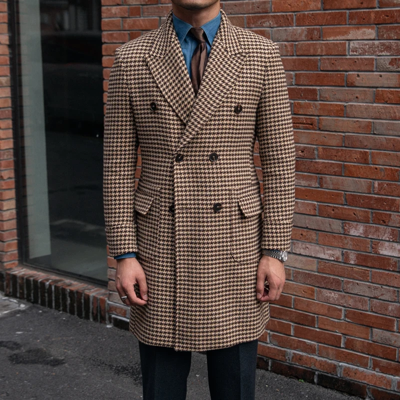 Men's Polo Coat Houndstooth Double-breasted Long Slim Elegant UK Fashion Winter Plaid Long Jacket Male Clothing