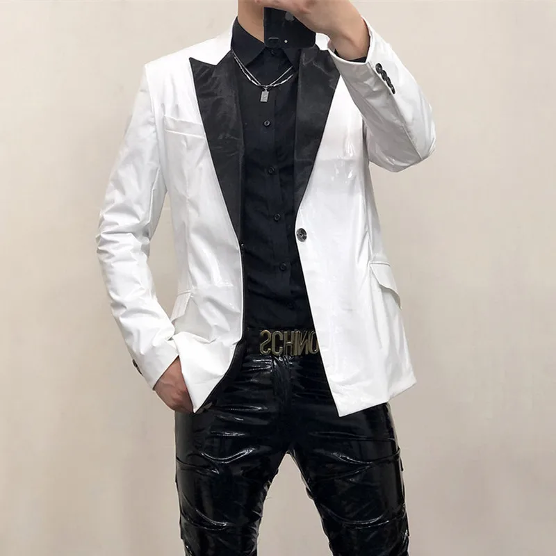 

Men Bright White Leather Blazers Motorcycle Leather Jacket Solid Coat Bar Singer Party Show Stage Performance Costume Plus Size