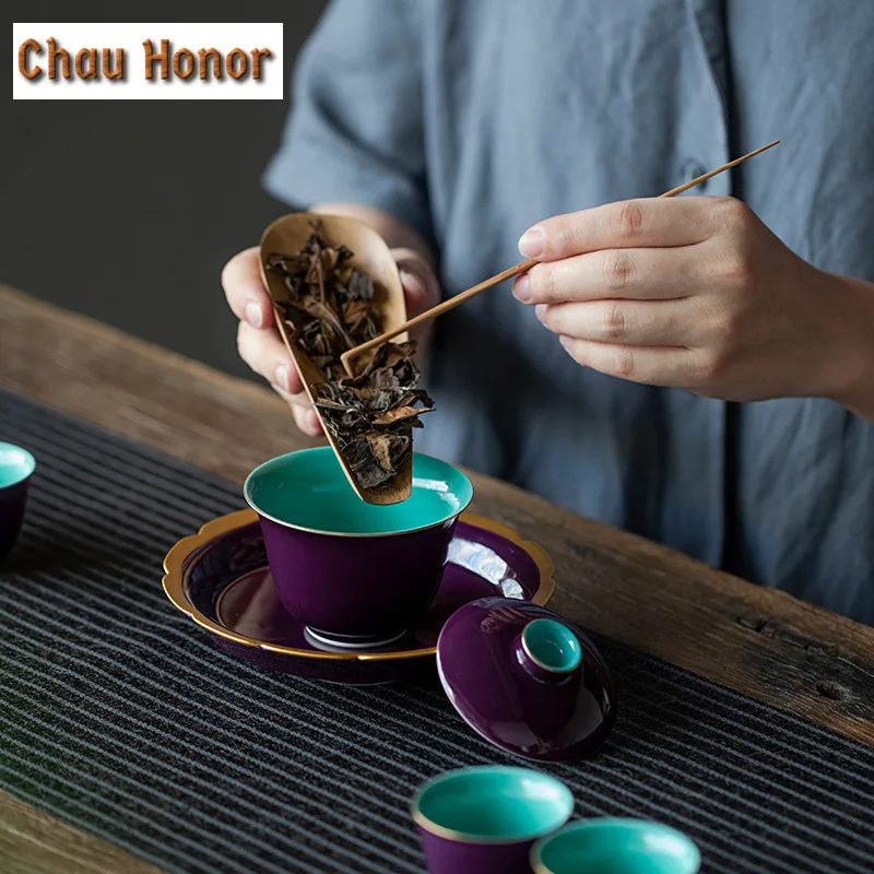 125ml Handmade Purple Glaze Ceramic Tea Tureen Chinese Imperial Palace Style Tea Maker Gaiwan Kung Fu Puer Tea Set Tea Ceremony