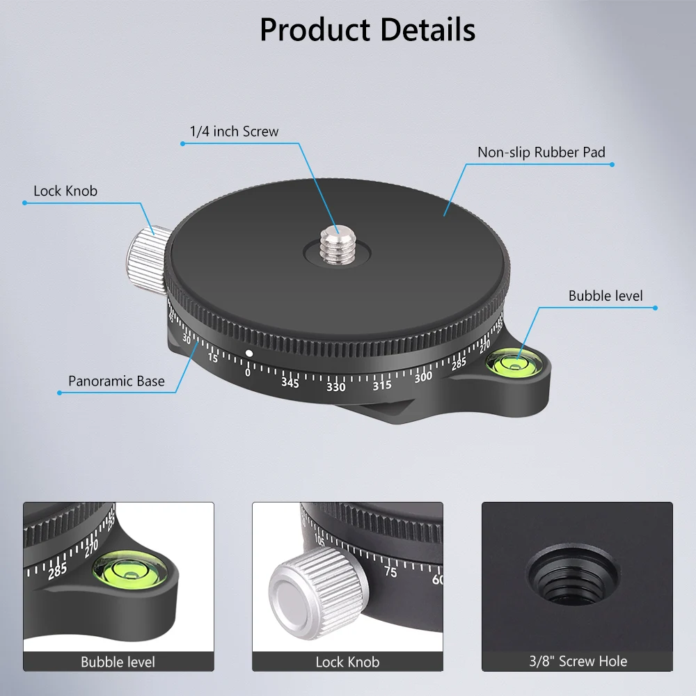 VICELK CNC 알루미늄 360 ° 버블 레벨과 삼각대 모노포드 DSLR 카메라용 Arca 스위스 플레이트가 포함된 파노라마 팬 베이스 로드 10 KG