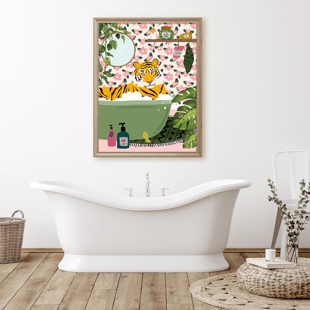 

Maximalist Boho Tiger in Bath Bathroom Funny Canvas Painting Wall Art Picture Print Gallery Living Room Interior Home Decor