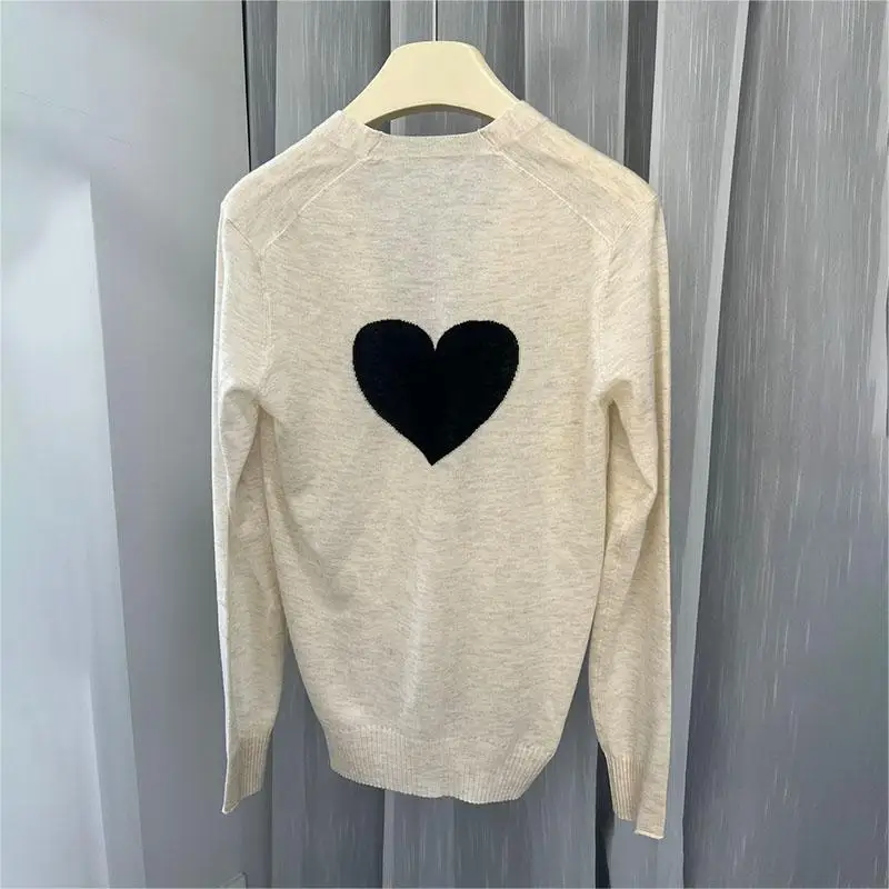 Zadig 여성용 울 스웨터, 패션 러브 패턴, 우아한 블랙 베이지 가디건, 여성 울 따뜻한 V넥 단추 니트웨어 스웨터