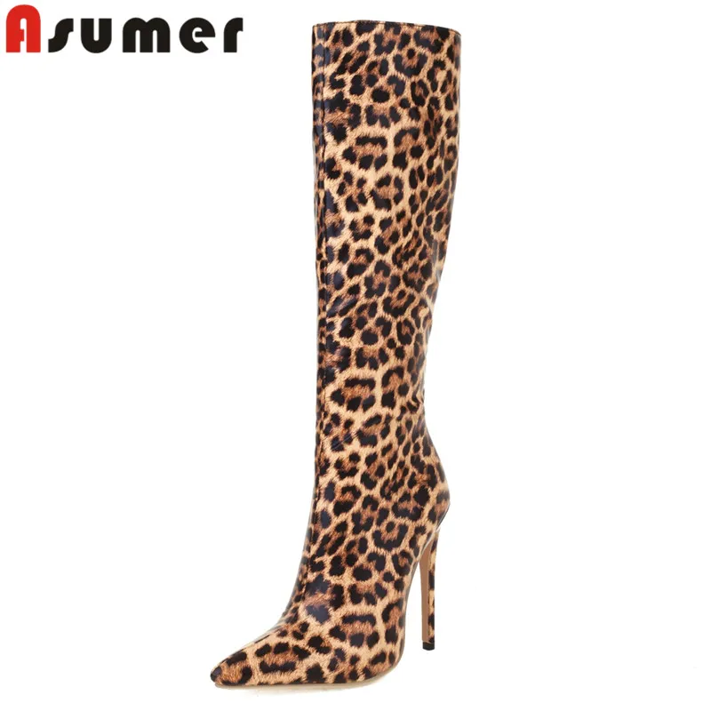 

ASUMER 2024 Size 33-46 New Microfiber Zipper Knee High Boots Ladies Leopard Winter Boots Cool Thin High Heels Shoes