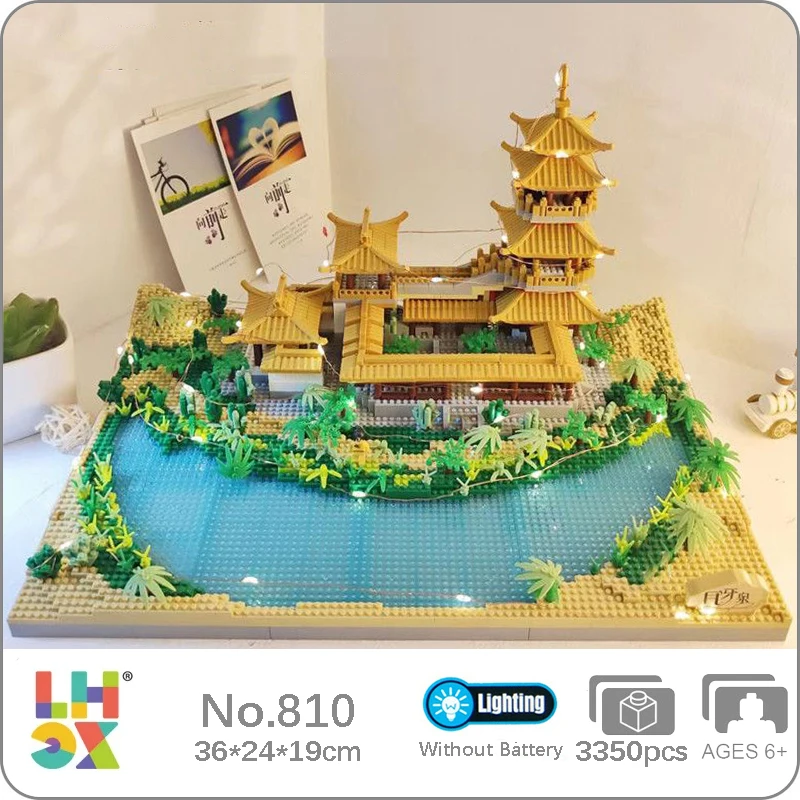 Lhcx 810 World Architecture Crescent Spring Moon Lake Palace Pavilion Tower Light Mini Diamond Blocks Mattoni Building Toy No Box
