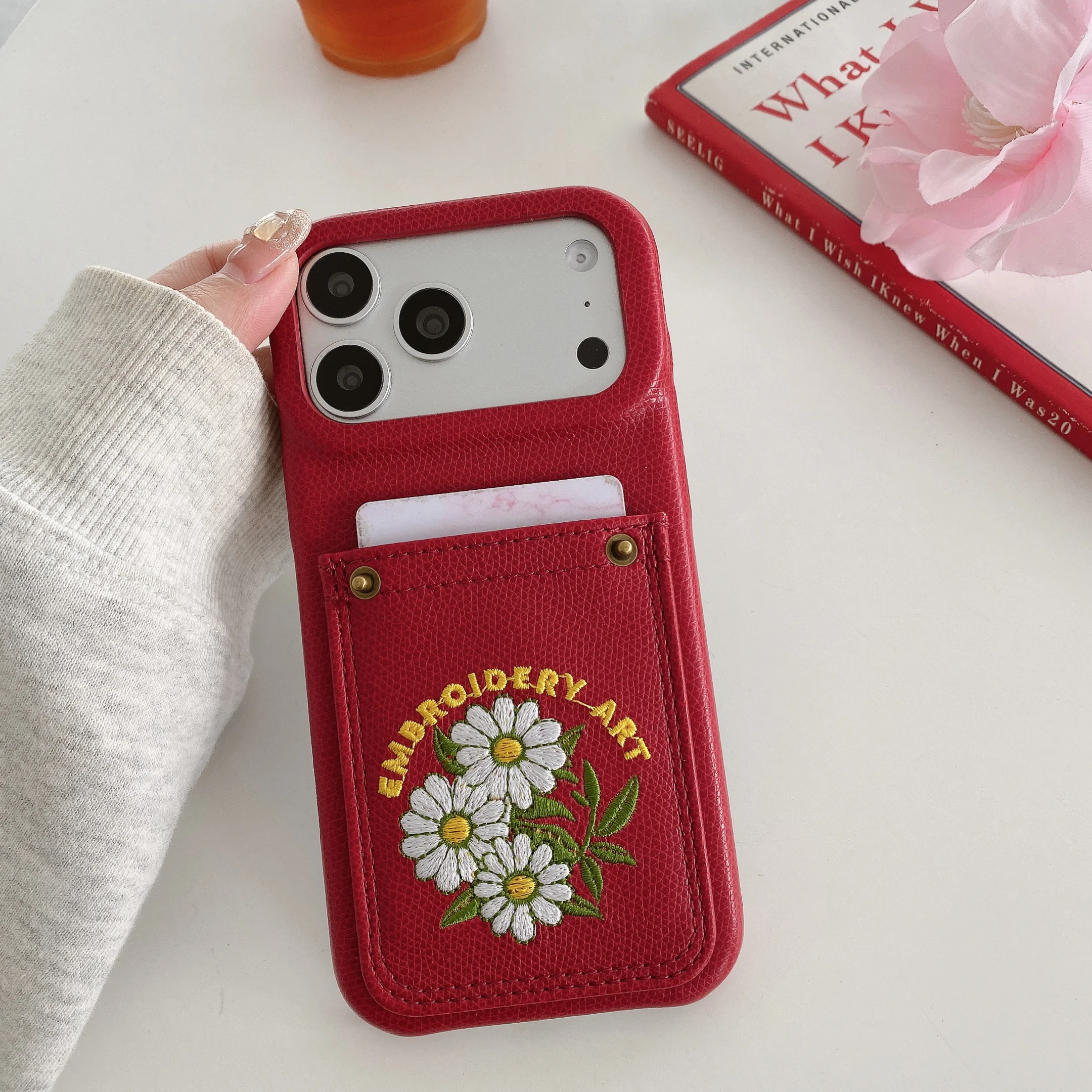 PU Leather Phone Case with Card Pocket and Embroidery - Simple Half-Wrapped Shockproof Design