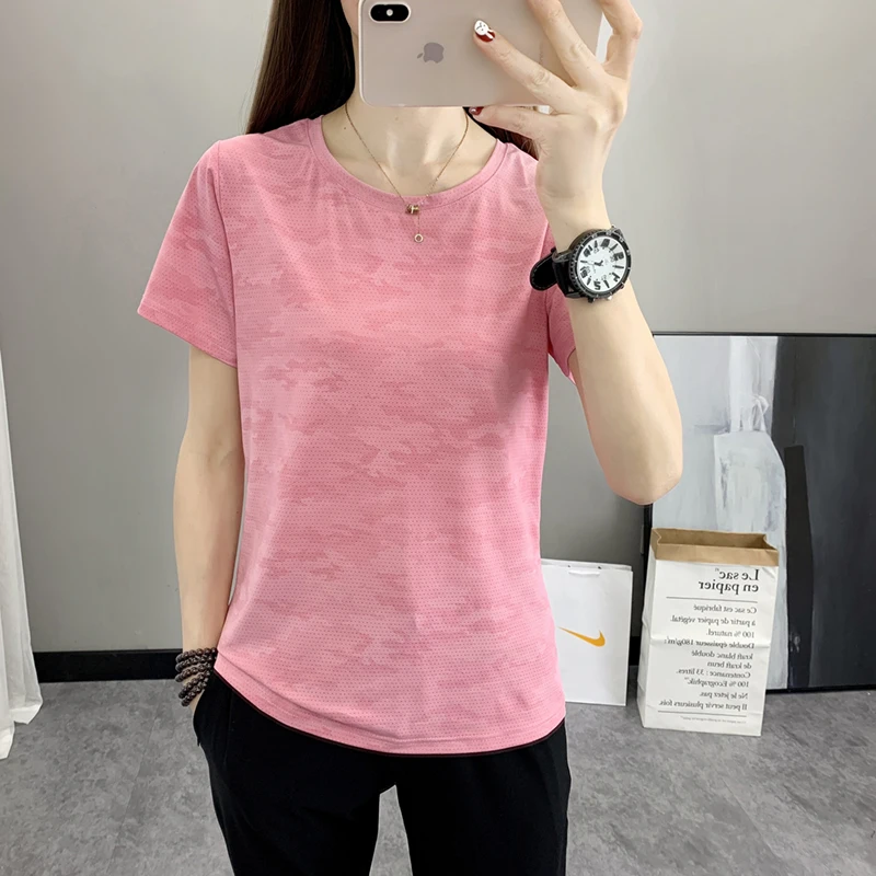 

New Fashion Versatile Women'S Outdoor Sports Fitness Short Sleeve Quick Drying Breathable Round Neck Ice Silk T-Shirt Female