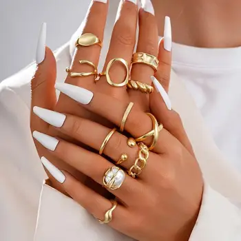 12Pcs/Set Retro Irregular Geometric Rings for Women Punk Alloy Metal Adjustable Finger Rings Set Fashion Statement Jewelry Party 1