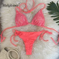 Melphieer Swim 2pcs Women's Summer Beach Holiday Ruching Bum Sequins Sparkle Glitter Plain Halter Strap Bikini Swimwear Set