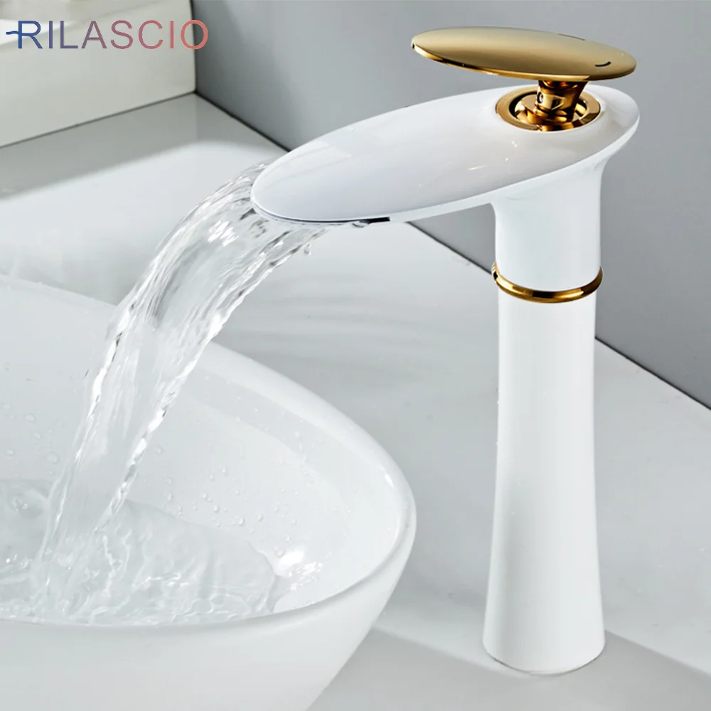 

（New Faucet）Bathroom Basin Sink Faucet Hot Cold Water Single Handle Deck Mounted Washbasin Waterfall Taps