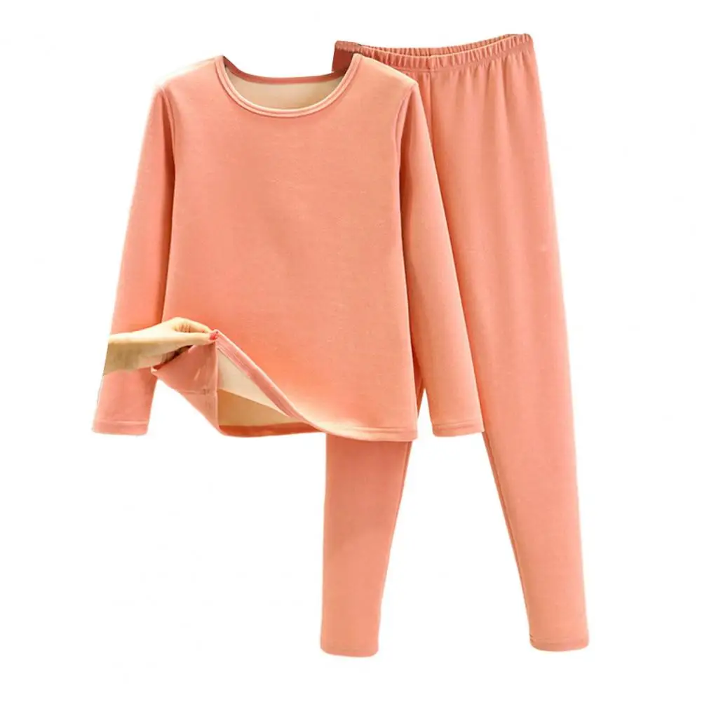 2 Pcs/Set Women Thermal Underwear Set Winter Thick Plush Round Neck Long Sleeve Long Johns Elastic Waist