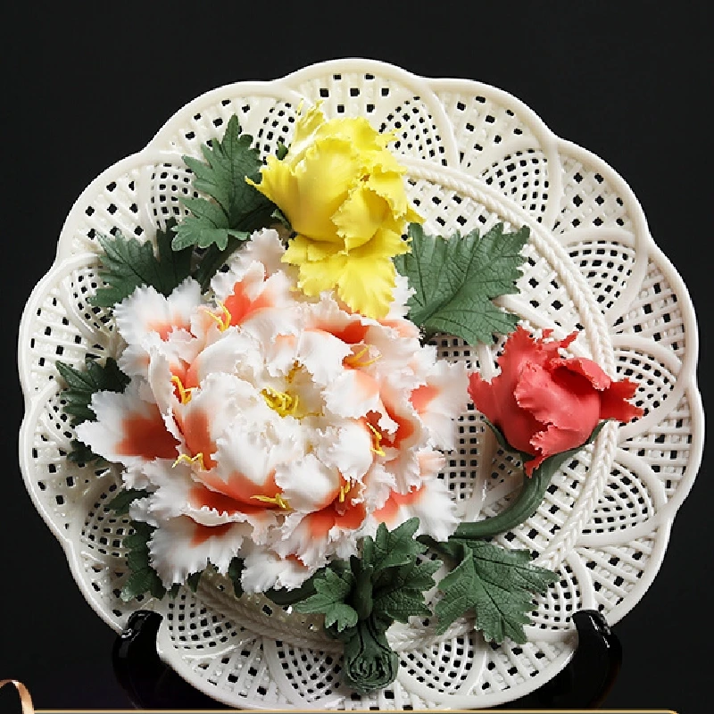 0013 Ceramic Handmade Peony Flower Pendant Plate Desktop Art Decoration Chinese Living Room Decorative Crafts Birthday Gift