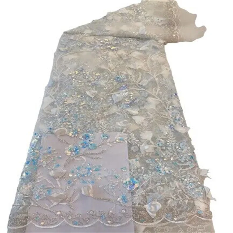 

Luxurious African Groom Sequins Lace Fabric High Quality 3D Heavy Beads Embroidery French Tulle Lace Nigerian Wedding Dress