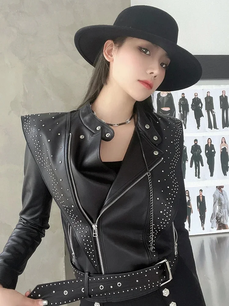 

Cropped Black Real Sheepskin Coat for Women 2024 Trend Removable Sleeve Ruffled Diamond Design Motorcycle Genuine Leather Jacket