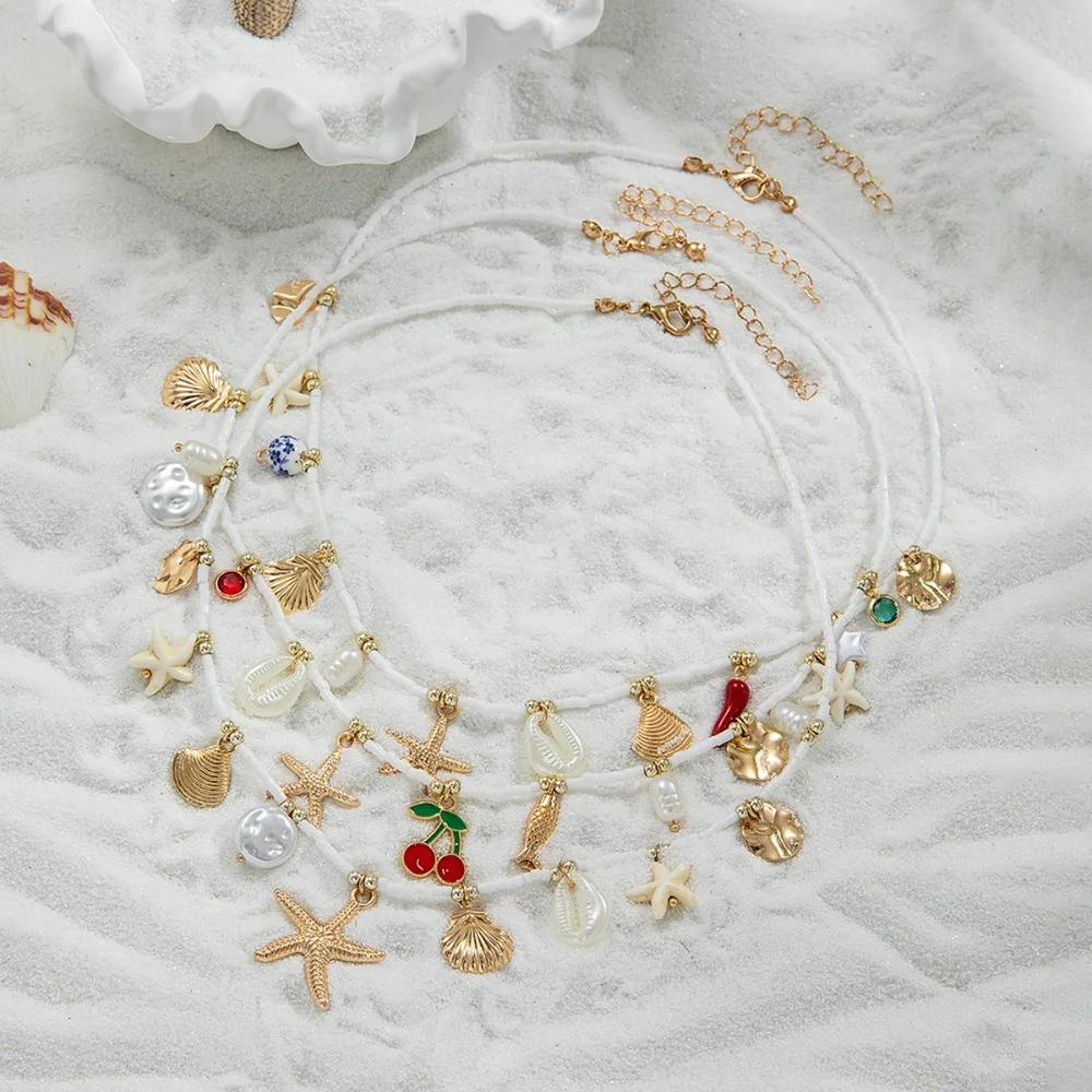 Boho Sweet and Cute Cherry Chili Pendant Necklace Fruit Cherry Strawberry Charms Necklace for Women Ocean Beach Jewelry Gifts