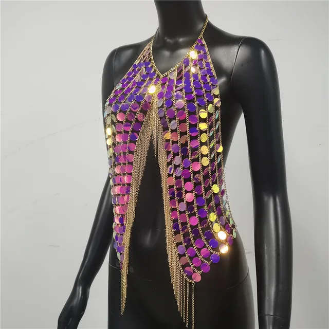 Metallic Sequin Backless Tassel Tops 21