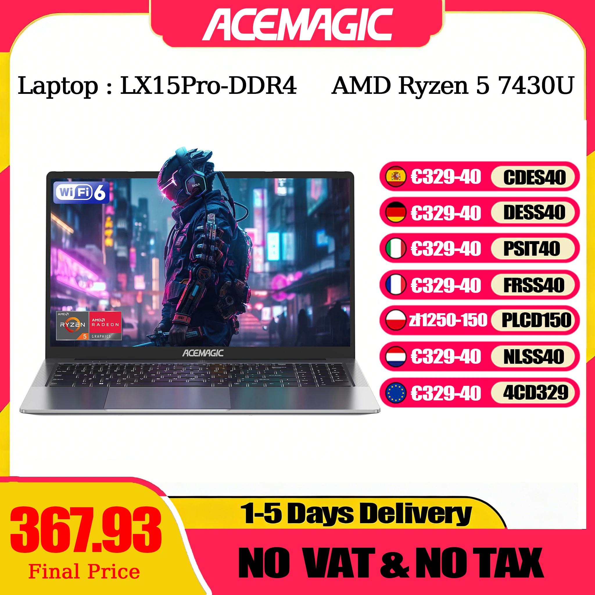 Ordinateur portable ACEMAGIC 15.6 pouces FHD ordinateur portable AMD Ryzen 5 7430U 16GB RAM 512GB SSD Windows 11 Pro ordinateur portable 180 °   Ordinateur à rabat Wifi6 BT5.2