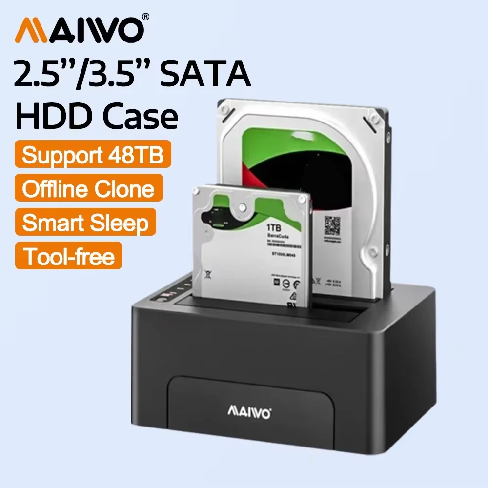 MAIWO 듀얼 베이 하드 드라이브 도킹 스테이션 2.5/3.5인치 HDD 케이스 SATA to USB 3.0 HDD 인클로저 (2.5인치, 3.5인치용 오프라인 복제 기능 포함)