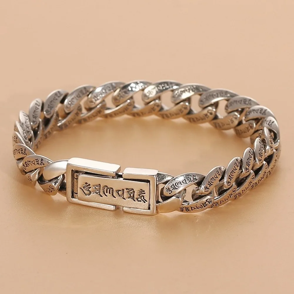 

Real Solid 925 Sterling Silver Chain Men Lucky Mantra Curb Cuban Link Bracelet 20cm