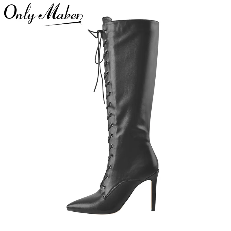 

Onlymaker Women Pointed Toe Boots Side Zip 10CM High Heel Sexy Leopard Print Stiletto Stretch Knee High Boots Lace-Up Boots