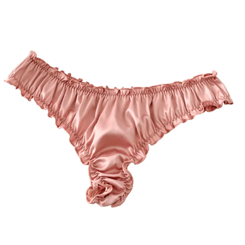 

New Women Sexy Lace T-Line Panties Satin Pleated Bubble Soft Light Thong Briefs Skin Friendly Soft Erotic Lingerie