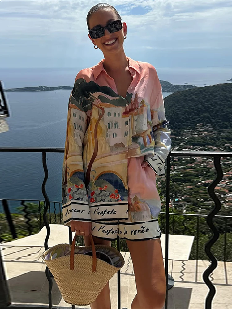 Fashion Printed 2 Piece Set Loose Lapel Button Long Sleeved Shirt Elastic Waist Shorts Suit 2025 Summer Autumn Beach Lady Set 3