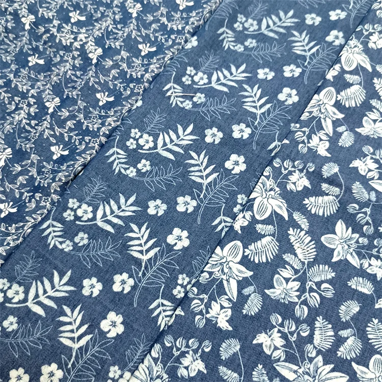 Summer Thin Printed Denim Fabric Blue Small Floral Children's Clothing Apparel Designer Fabric