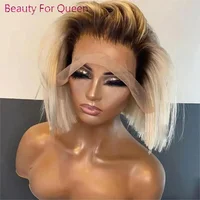 Perruque Bob Lace Front Wig sans colle naturelle, cheveux courts lisses, blond ombré, 13x6, racines foncées, densité 180%, pour femmes 4