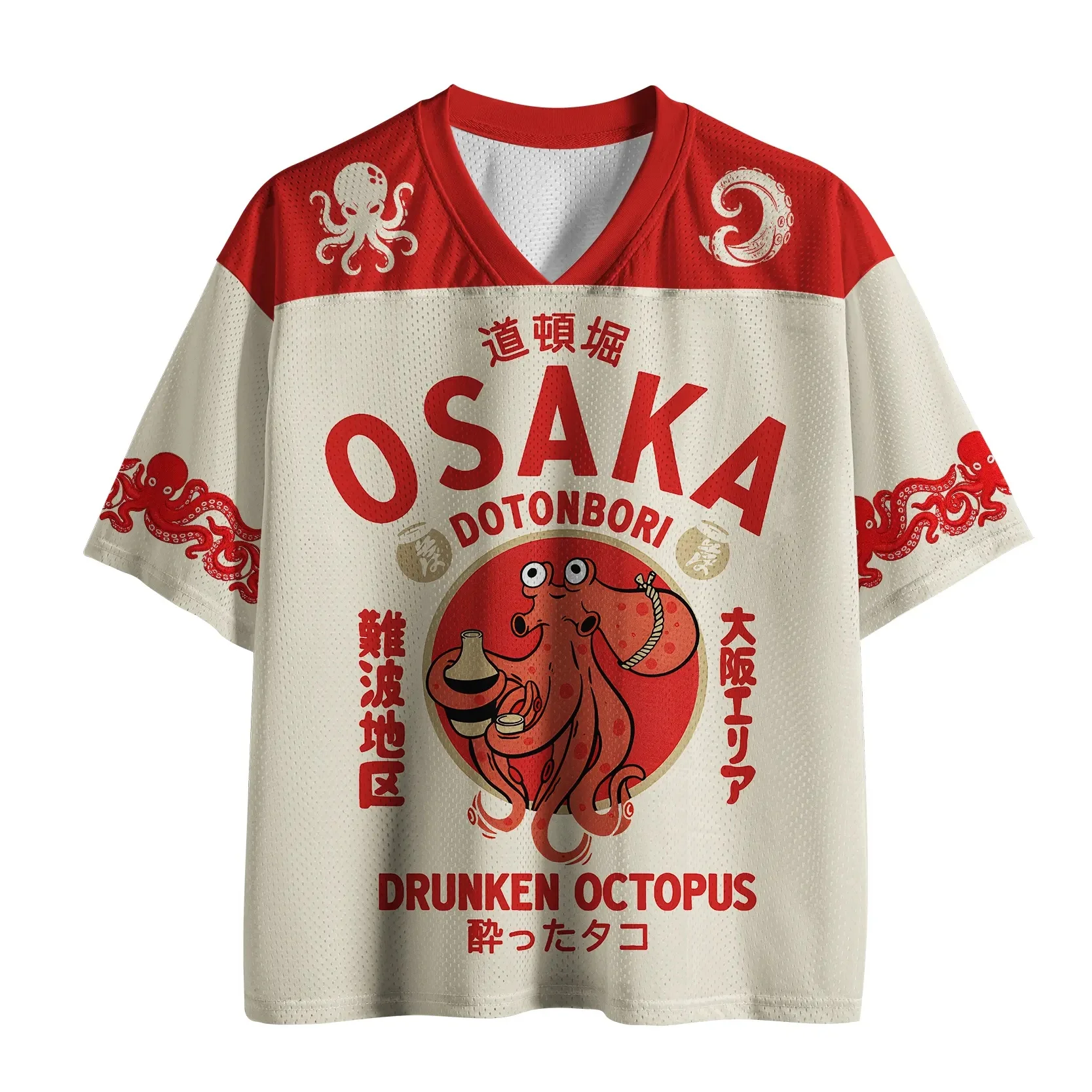 Unisex 3D Kinder-T-Shirt mit Trunken Octopus-Motiv aus Osaka Dotonbori, Retro V-Ausschnitt, Kurzarm, Harajuku Streetwear, Oversized T-Shirt