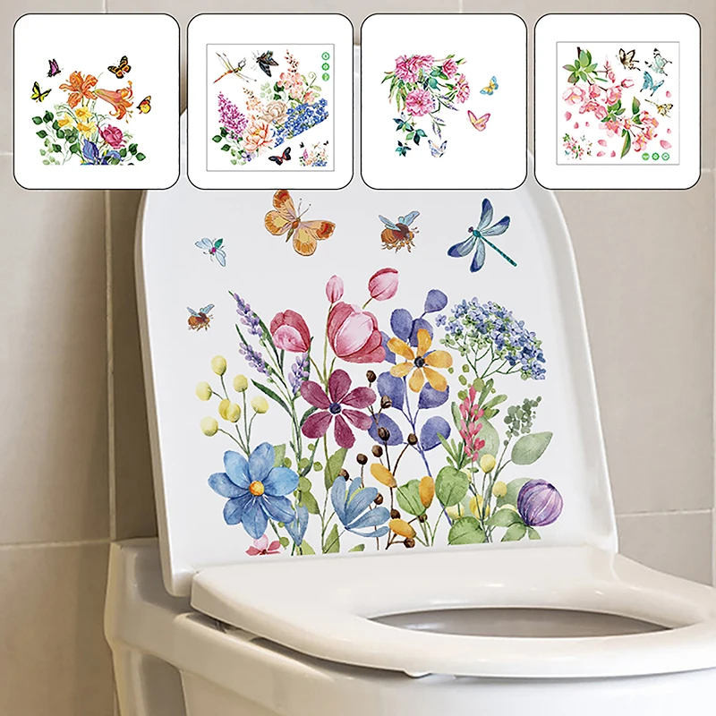 

1 sheet Bathroom Toilet Stickers Modern Flowers Butterflies Pattern Self-adhesive Paintings For Bathroom Living Decorations