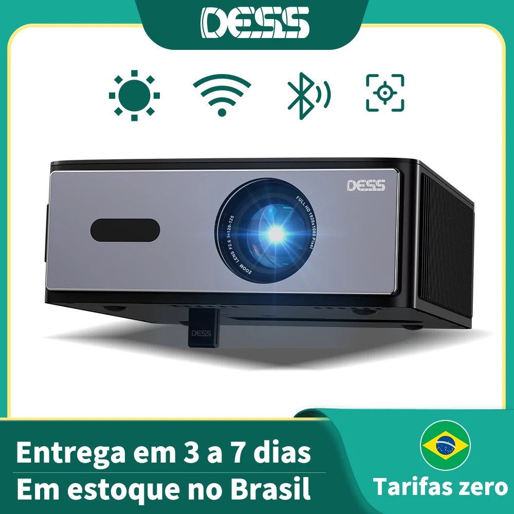 Projetor DESS Full HD 1080P Vídeo 4K Dual WiFi6 Autofoco Correção Keystone Espelhamento Android Projetor 3D Home Theater Cinema