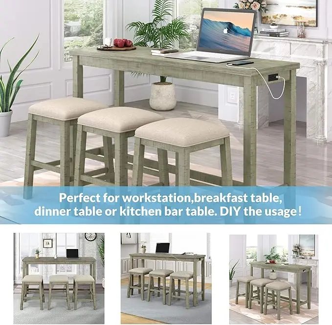 4-Piece Bar Table Set Counter Height Dining Pub Table Set with 3 Bar Stools Multipurpose Pub with USB Interface