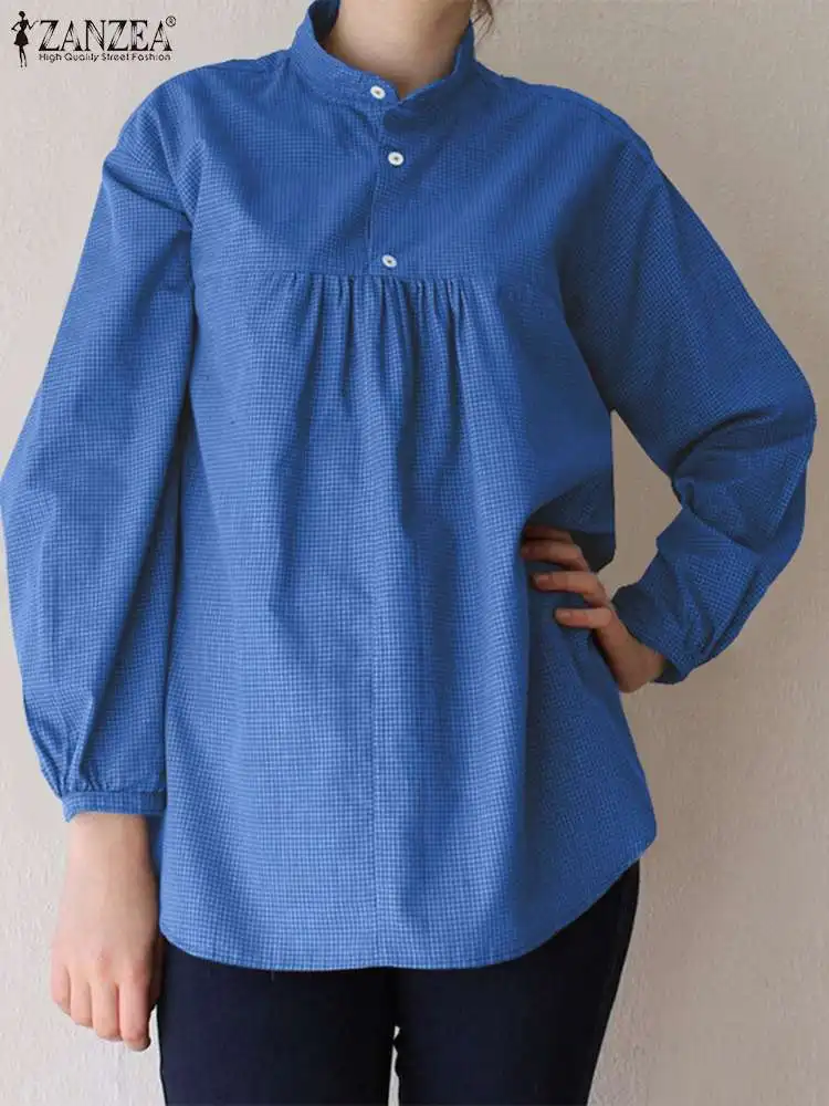 

Блузка ZANZEA Женская однотонная в клетку, Элегантный Простой повседневный свободный плиссированный топ, модная туника на пуговицах с воротником-стойкой, весна 2024