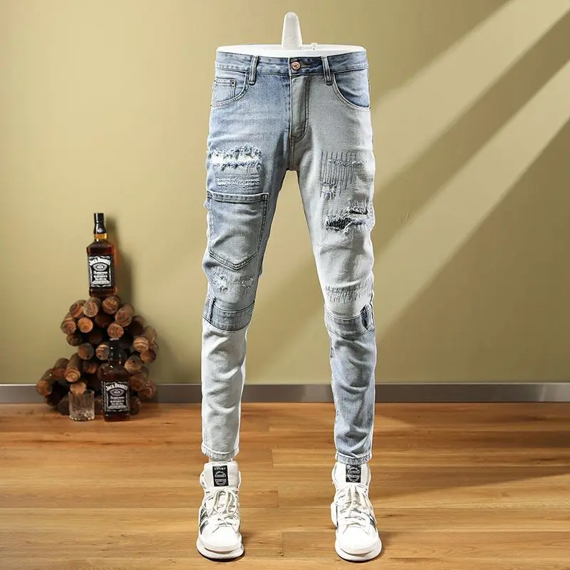 

Fashion Korean splicing retro light color high street versatile Ripped men's jeans patch embroidery pants personalized style
