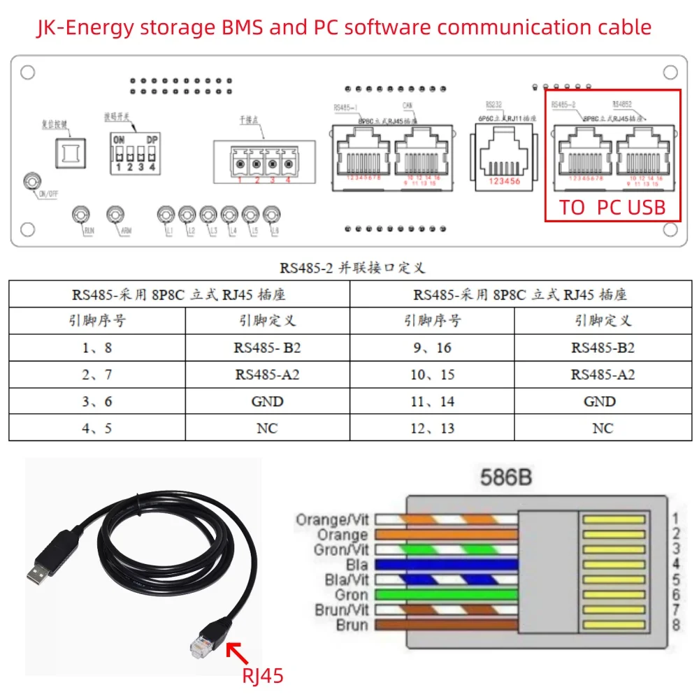 JK-BMS Seplos BMS RJ45 RS485 XR-6022D/6032D RS232 USB Adapter Connect BMS And