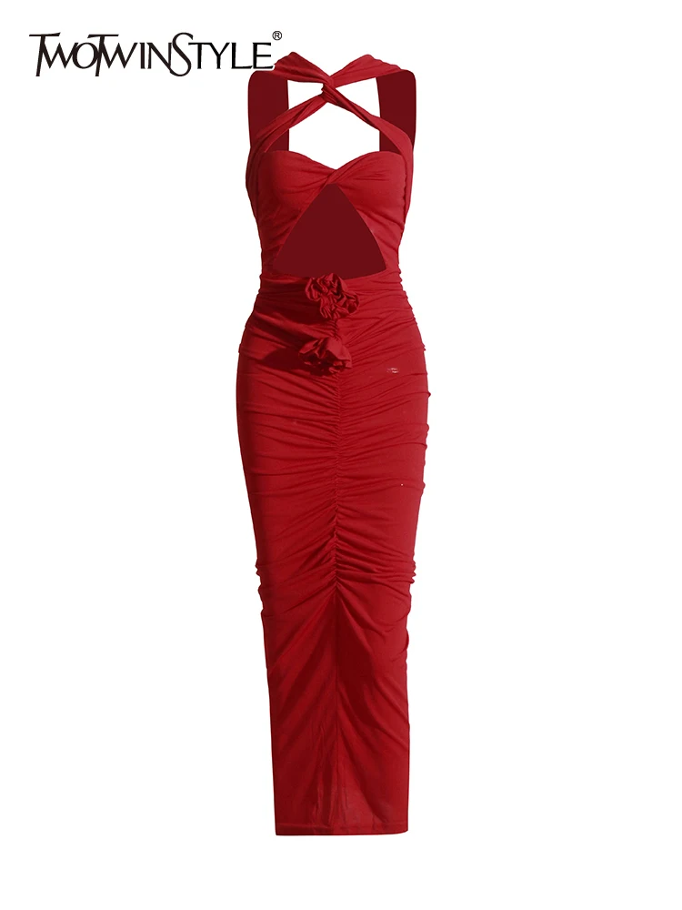 

TWOTWINSTYLE Solid Slimming Hollow Out Dresses For Women Halter Sleeveless High Waist Spliced Appliques Sexy Dress Female New