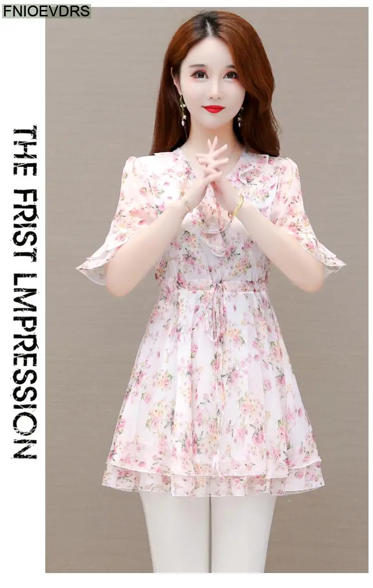 M-5XL 2023 Clothes Clothes Women European Style Elegant Basic Shirt Floral Print Retro Ruffles Belly Tunic Peplum Top Blouses