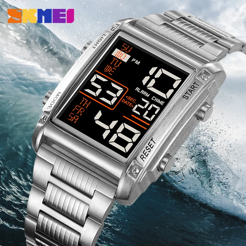 SKMEI-reloj deportivo Digital para hombre, cronómetro con pantalla de luz trasera de acero inoxidable, de lujo, resistente al agua, con alarma de Fecha