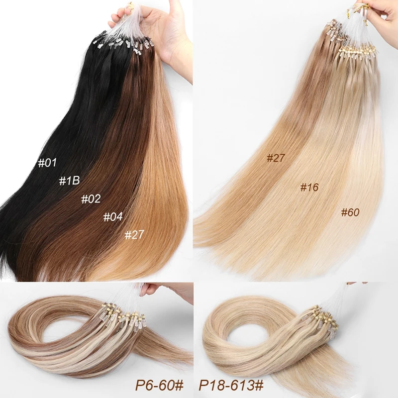 Micro Loop Hair Extensions Human Hair Soft Keration Glue With Micro Loop Line Straight Natural Link HairPieces