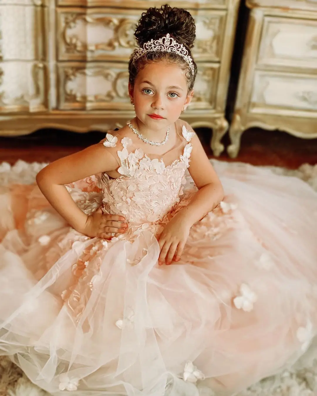 FATAPAESE Flower Girl Dresses for Wedding Pearl Pink Floral Tulle Luxury  Princess Long Maxi Kids Bridesmaid Ball Gowns Birthday